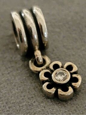 Pandora Retired Sterling Silver Flower Dangle Charm with Clear Stone CZ